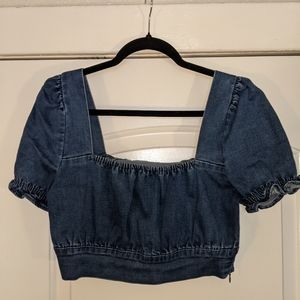 Blue Blush Denim Puff Sleeve Crop Top